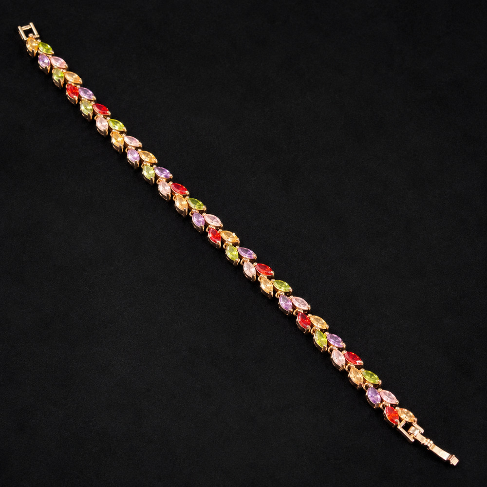 Multicolor Marquise Rhinestone Tennis Bracelet Gold Tone 7.5” Rainbow